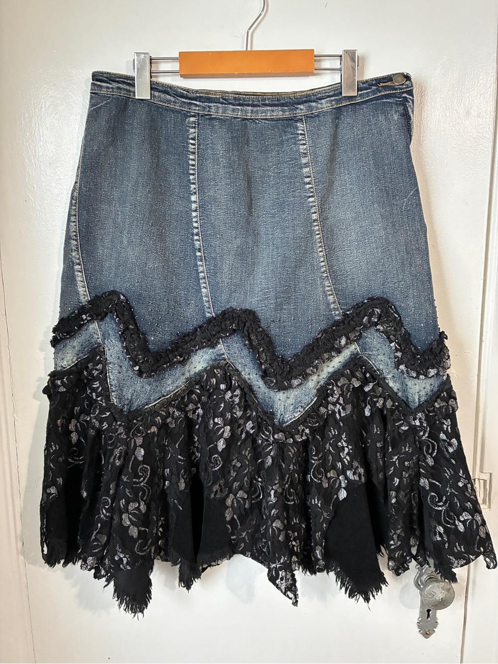 Y2K Simon Chang Whimsical Fairy Tiered Beaded Denim Grunge Midi Skirt 12